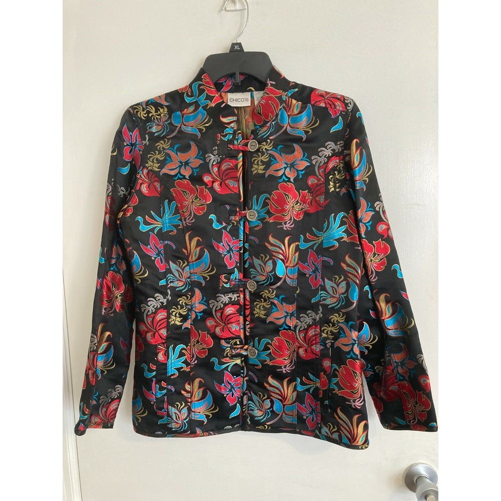 Chico's Women's Jacket 0 Floral Asian Oriental Blouse Toggle Silk Blend #1573